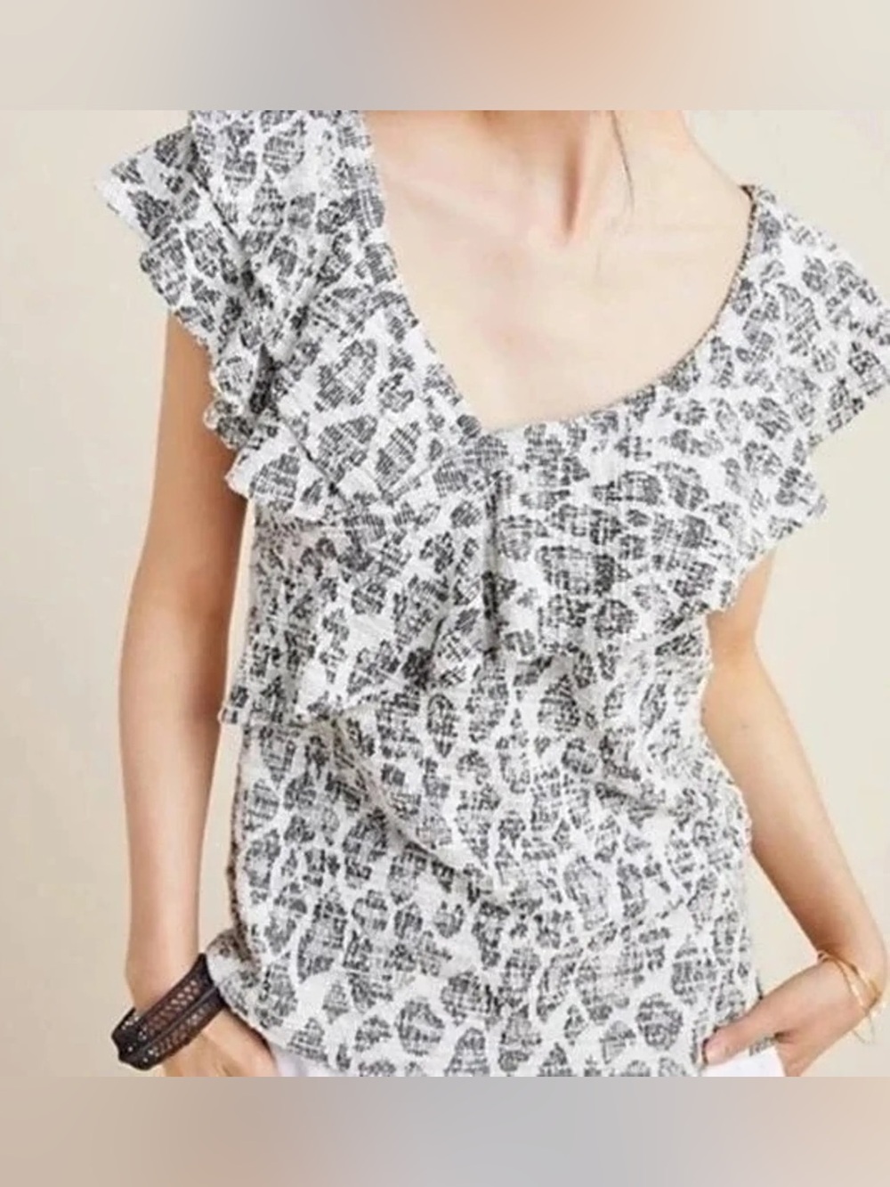 DOLAN Anthropologie Savannah Cheetah Print Ruffle Black and White Textured Top